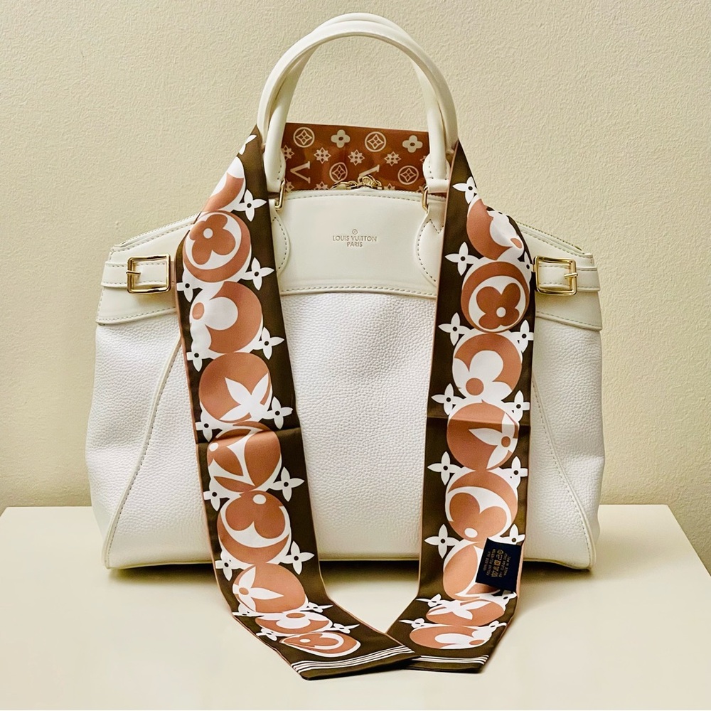 Big Twilly: Luxe Silk Twilly Scarf - Brown & Cream Monogram Print - Picture 6 of 9
